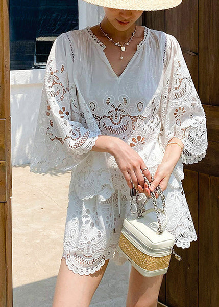 Half Two Sleeve Lace Piece Out Set Art White Hollow FashionChic