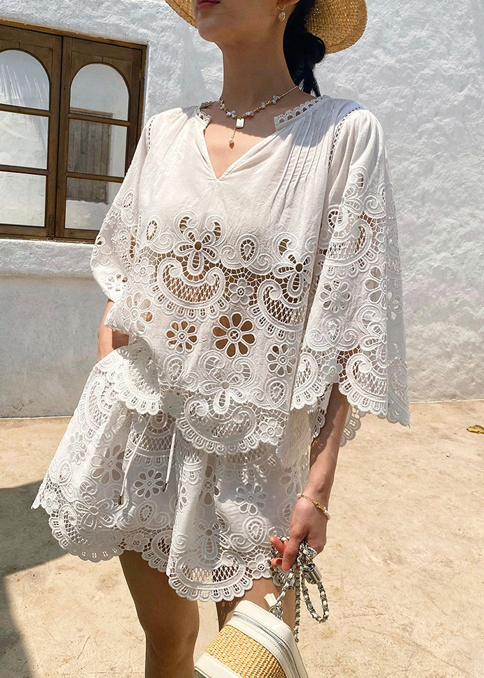 Half Two Sleeve Lace Piece Out Set Art White Hollow FashionChic