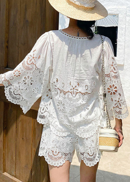 Half Two Sleeve Lace Piece Out Set Art White Hollow FashionChic