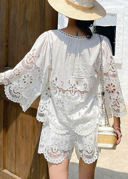 Half Two Sleeve Lace Piece Out Set Art White Hollow FashionChic