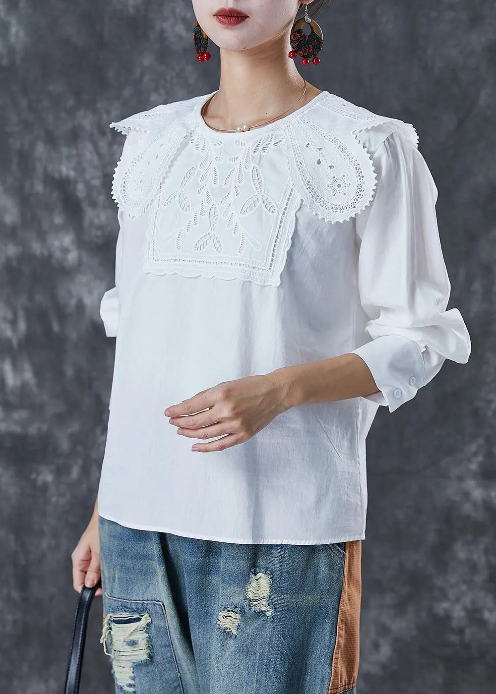 Art White O-Neck Lace Patchwork Cotton Shirt Top Fall Ada Fashion