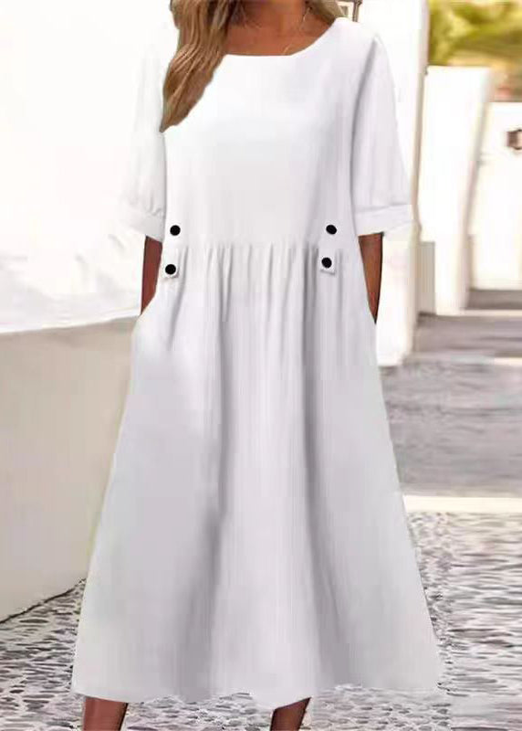 Art White O Neck Pockets Solid Cotton Long Dress Summer QA027 OM-BB241009