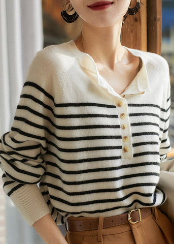 Art White Striped Button Woolen Sweaters Spring TF030