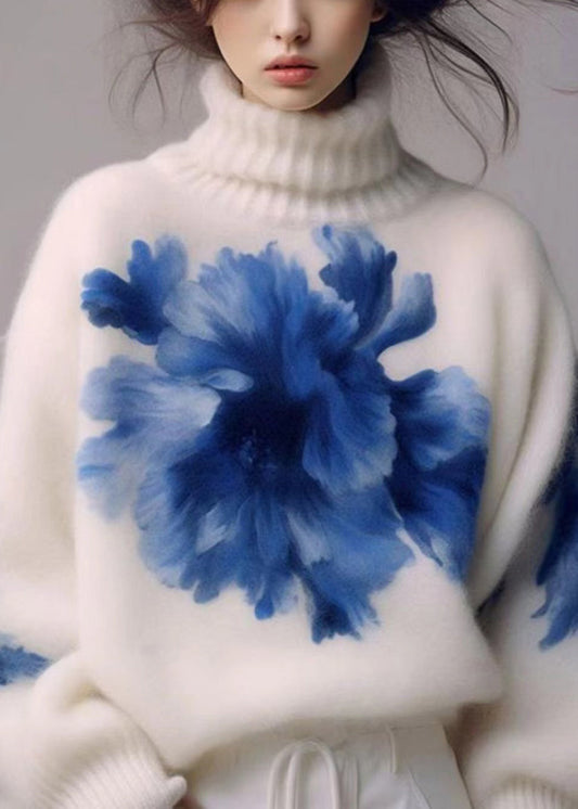 Art White Turtleneck Print Wool Knit Sweaters Winter WK023 OM-SW241119