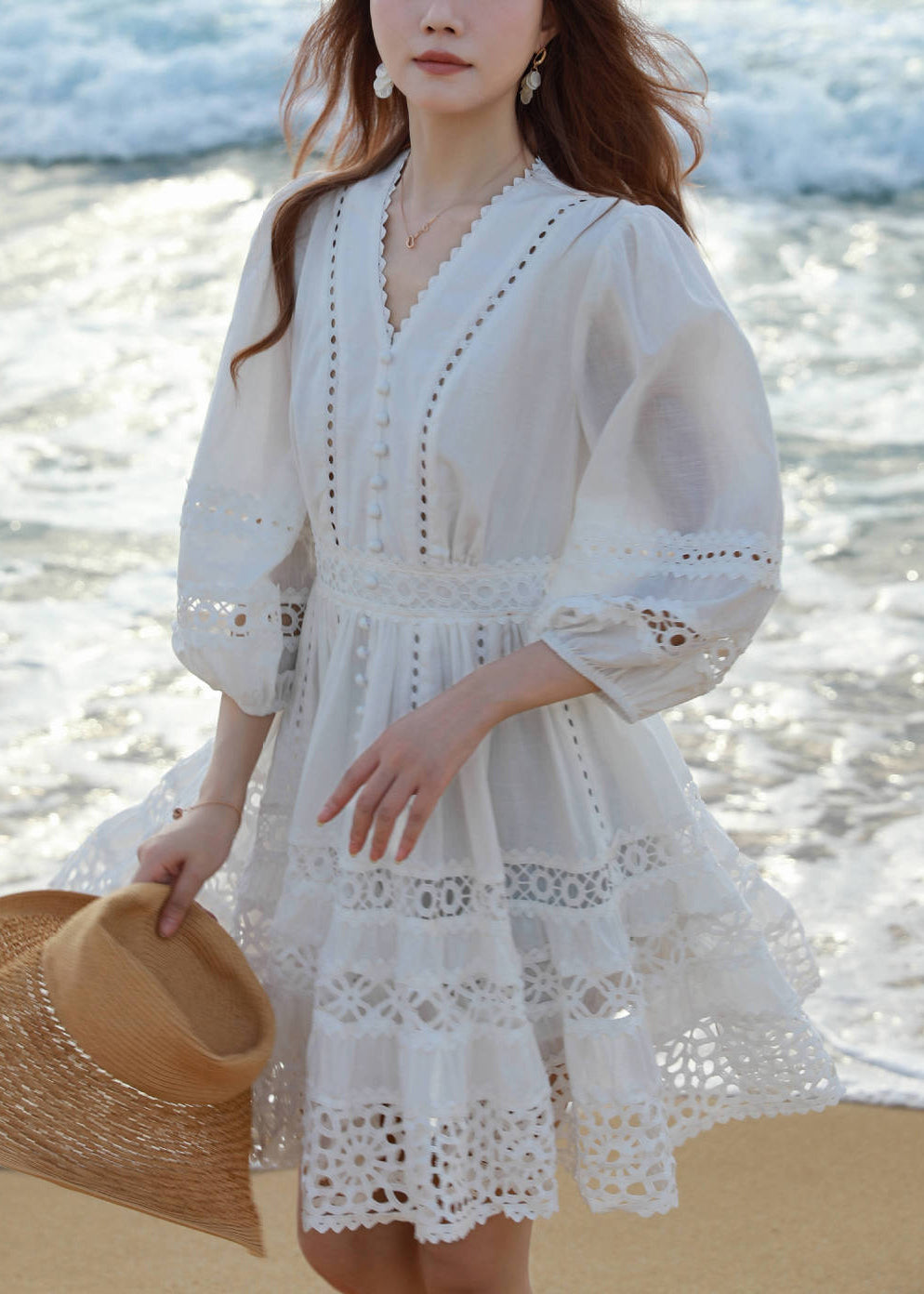 Sleeve Bracelet Mid White Cotton Out Art Neck Hollow Dress V FashionChic