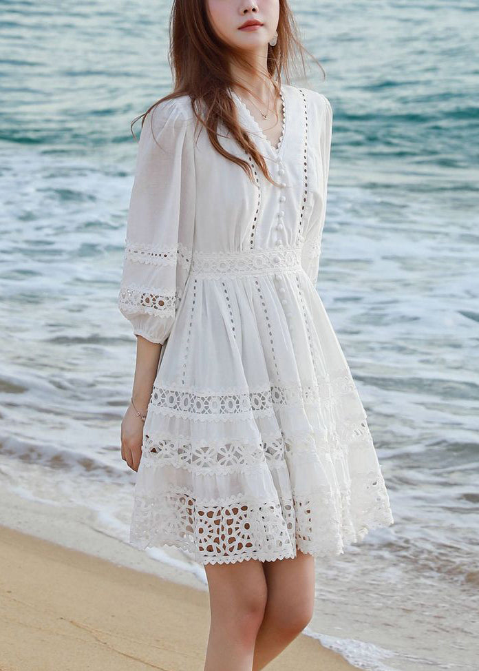 Sleeve Bracelet Mid White Cotton Out Art Neck Hollow Dress V FashionChic