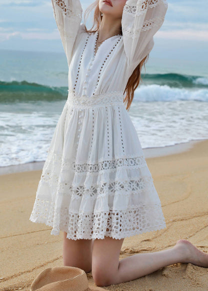 Sleeve Bracelet Mid White Cotton Out Art Neck Hollow Dress V FashionChic