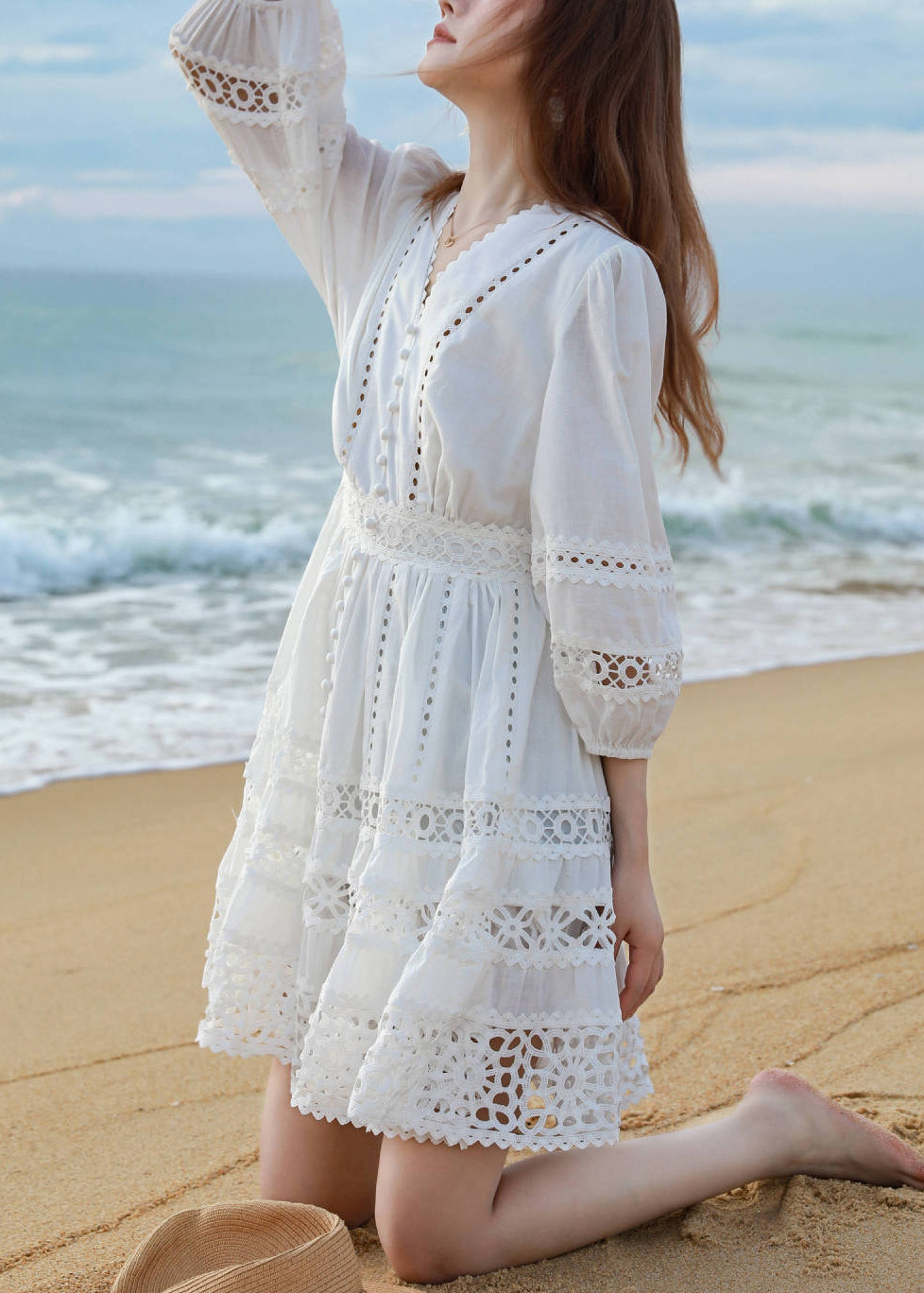 Sleeve Bracelet Mid White Cotton Out Art Neck Hollow Dress V FashionChic