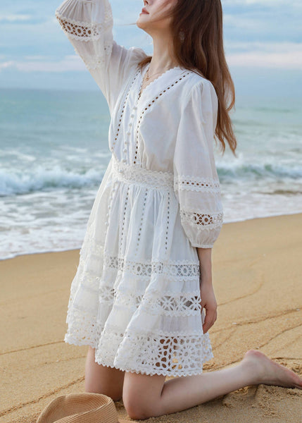 Sleeve Bracelet Mid White Cotton Out Art Neck Hollow Dress V FashionChic