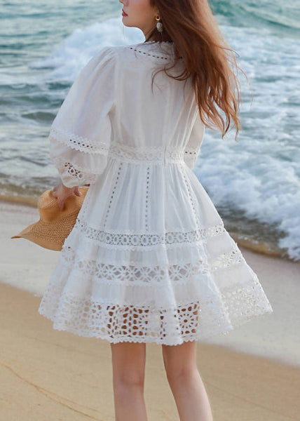 Sleeve Bracelet Mid White Cotton Out Art Neck Hollow Dress V FashionChic