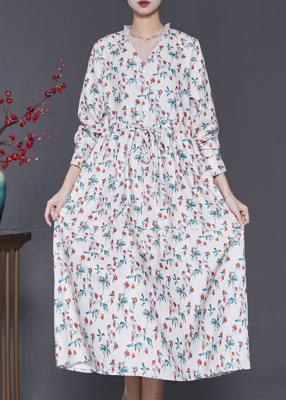 Art White V Neck Print Chiffon Cinched Dresses Spring SD1008 Ada Fashion