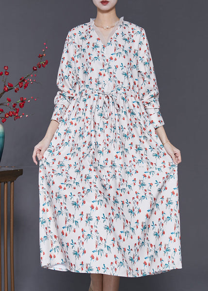 Art White V Neck Print Chiffon Cinched Dresses Spring SD1008 Ada Fashion