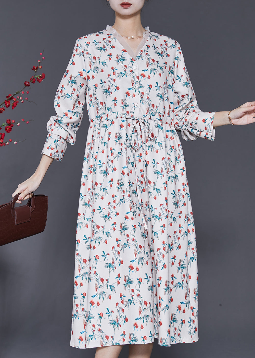 Art White V Neck Print Chiffon Cinched Dresses Spring SD1008 Ada Fashion