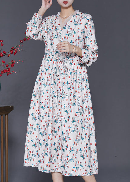 Art White V Neck Print Chiffon Cinched Dresses Spring SD1008 Ada Fashion