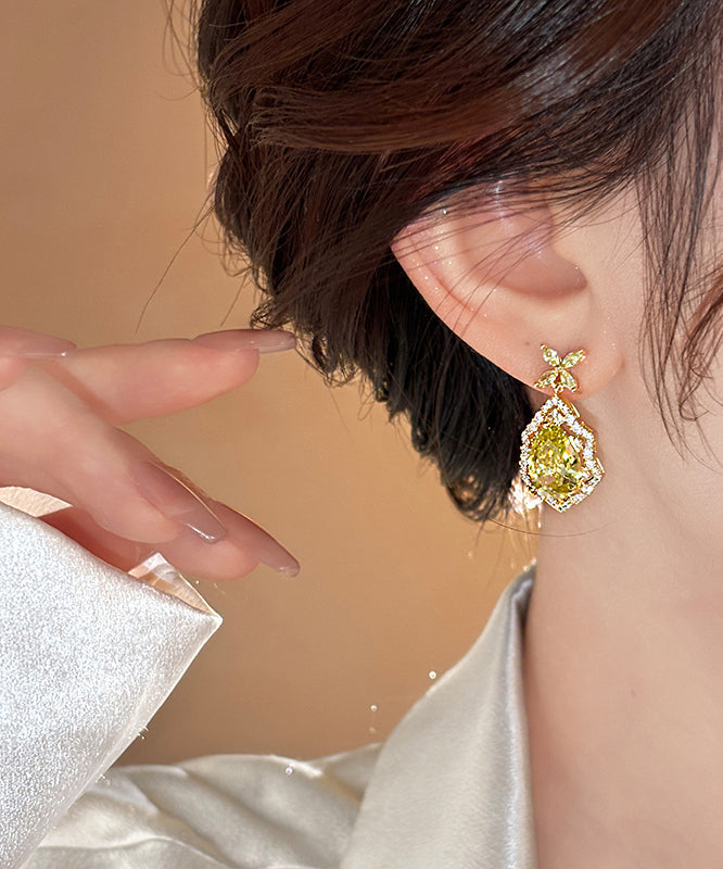 Drop Crystal Earrings Clover Leaf Copper Four Art Yellow Overgild FashionChic