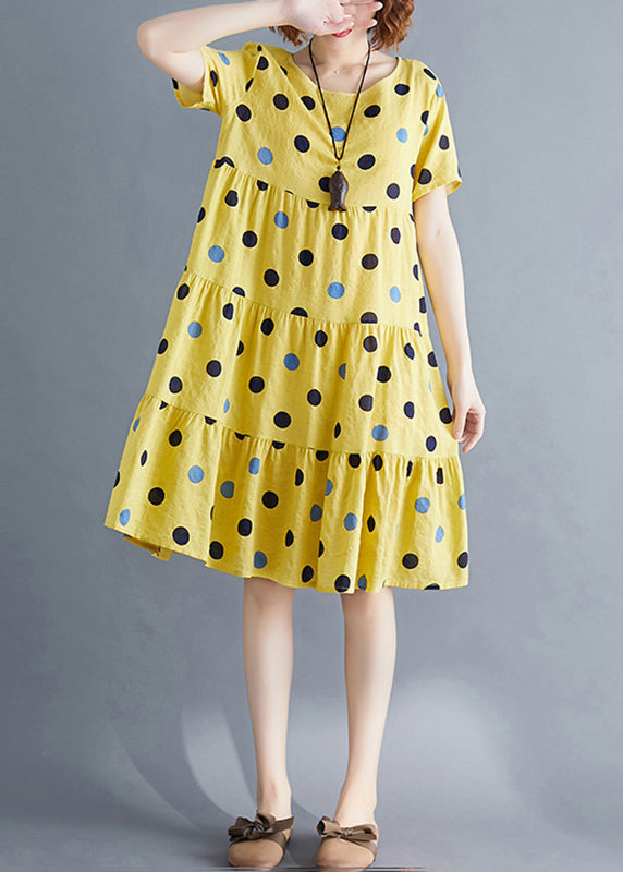 Art Yellow Dot Print Patchwork Holiday Mid Dress Short Sleeve VB1026 Ada Fashion