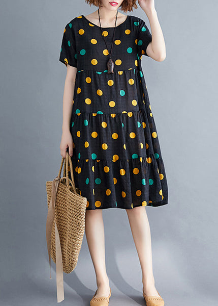 Art Yellow Dot Print Patchwork Holiday Mid Dress Short Sleeve VB1026 Ada Fashion