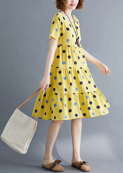 Art Yellow Dot Print Patchwork Holiday Mid Dress Short Sleeve VB1026 Ada Fashion