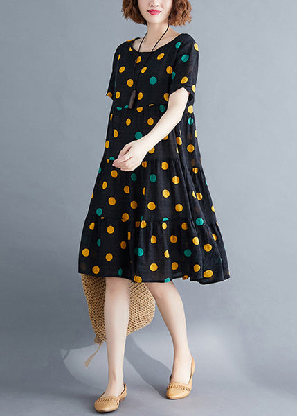 Art Yellow Dot Print Patchwork Holiday Mid Dress Short Sleeve VB1026 Ada Fashion