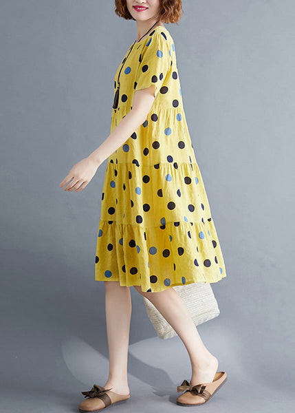 Art Yellow Dot Print Patchwork Holiday Mid Dress Short Sleeve VB1026 Ada Fashion