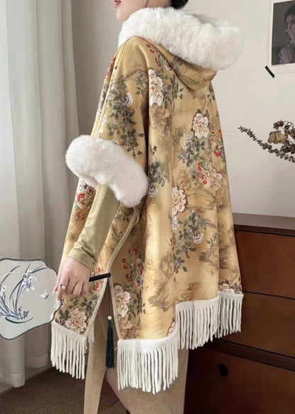 Art Yellow Fur Collar Print Side Open Warm Fleece Coats Winter RZ018 ABC