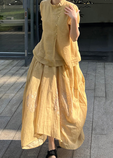 Two Skirts Pieces Tops Set Lace Art Yellow Patchwork And Summer FashionChic