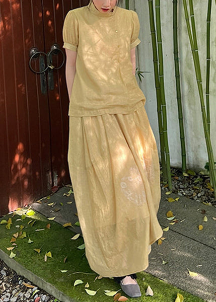 Two Skirts Pieces Tops Set Lace Art Yellow Patchwork And Summer FashionChic