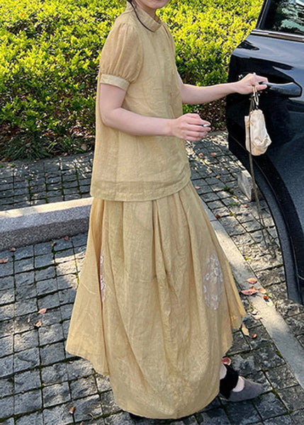 Two Skirts Pieces Tops Set Lace Art Yellow Patchwork And Summer FashionChic