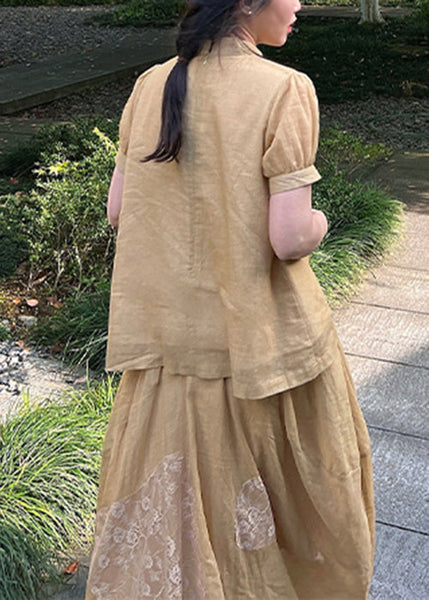 Two Skirts Pieces Tops Set Lace Art Yellow Patchwork And Summer FashionChic