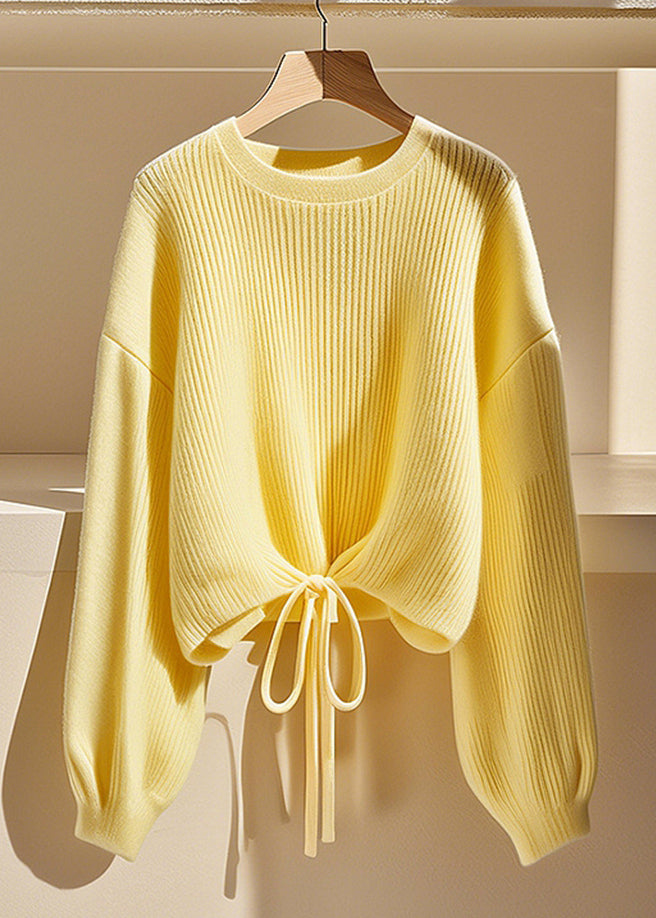 Art Yellow O Neck Lace Up Solid Knit Sweater Fall QS030 OM-BB241010