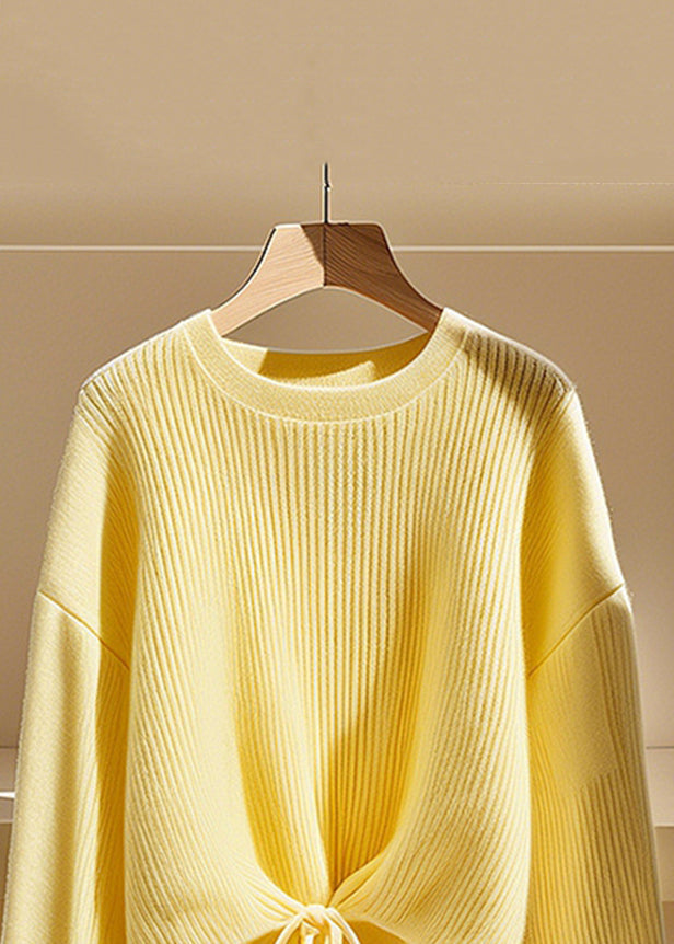 Art Yellow O Neck Lace Up Solid Knit Sweater Fall QS030 OM-BB241010