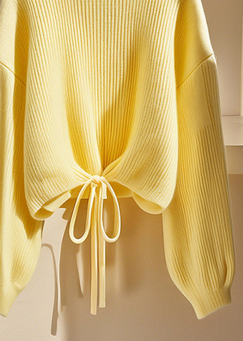 Art Yellow O Neck Lace Up Solid Knit Sweater Fall QS030 OM-BB241010