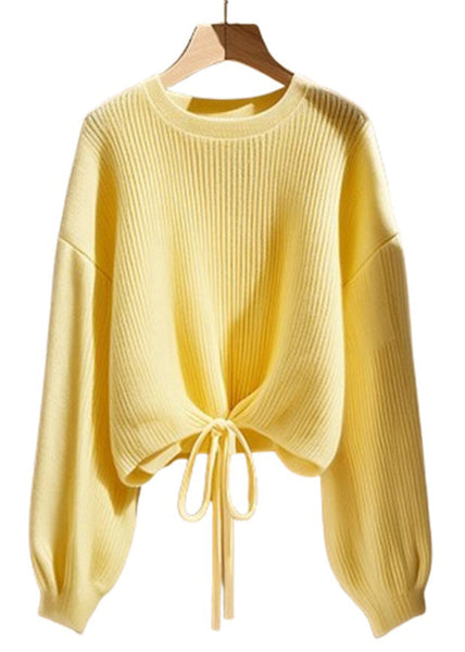 Art Yellow O Neck Lace Up Solid Knit Sweater Fall QS030 OM-BB241010