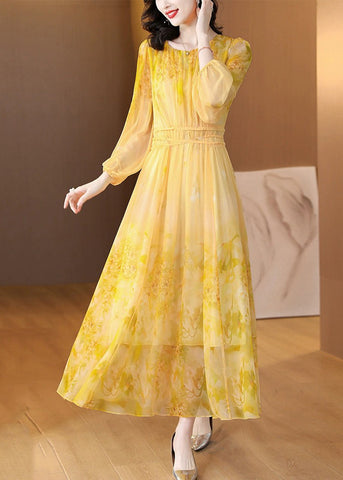 Art Yellow O Neck Print Lace Up Silk Long Dress Summer BB019 Hawaii-SDL240622