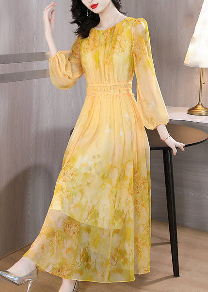 Art Yellow O Neck Print Lace Up Silk Long Dress Summer BB019 Hawaii-SDL240622