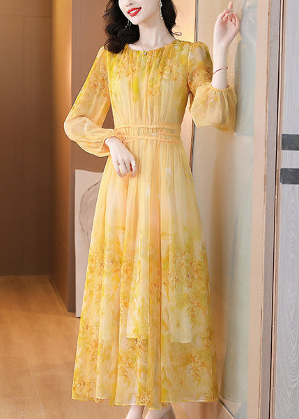 Art Yellow O Neck Print Lace Up Silk Long Dress Summer BB019 Hawaii-SDL240622