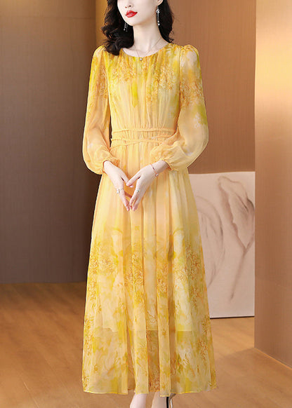 Art Yellow O Neck Print Lace Up Silk Long Dress Summer BB019 Hawaii-SDL240622