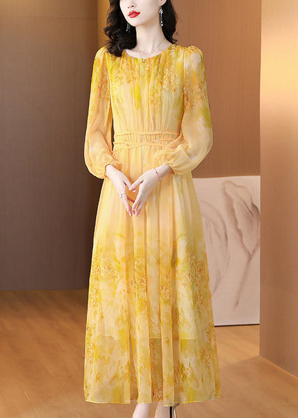 Art Yellow O Neck Print Lace Up Silk Long Dress Summer BB019 Hawaii-SDL240622