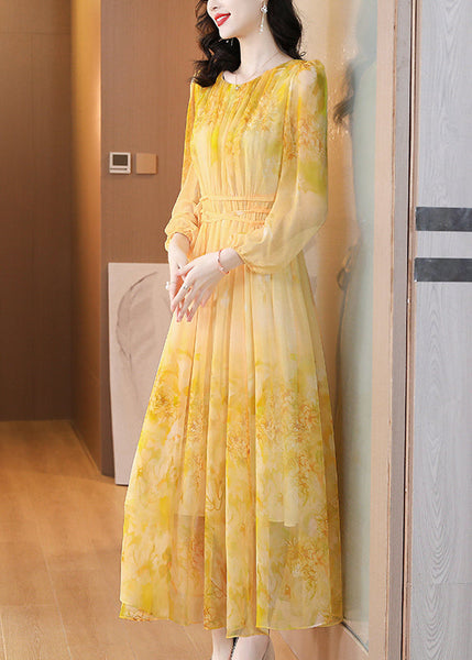 Art Yellow O Neck Print Lace Up Silk Long Dress Summer BB019 Hawaii-SDL240622