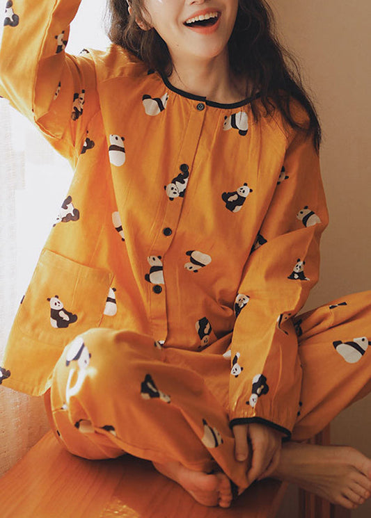 Art Yellow O-Neck animal Print Pockets Cotton Two Pieces Set Long Sleeve XS1029 Ada Fashion