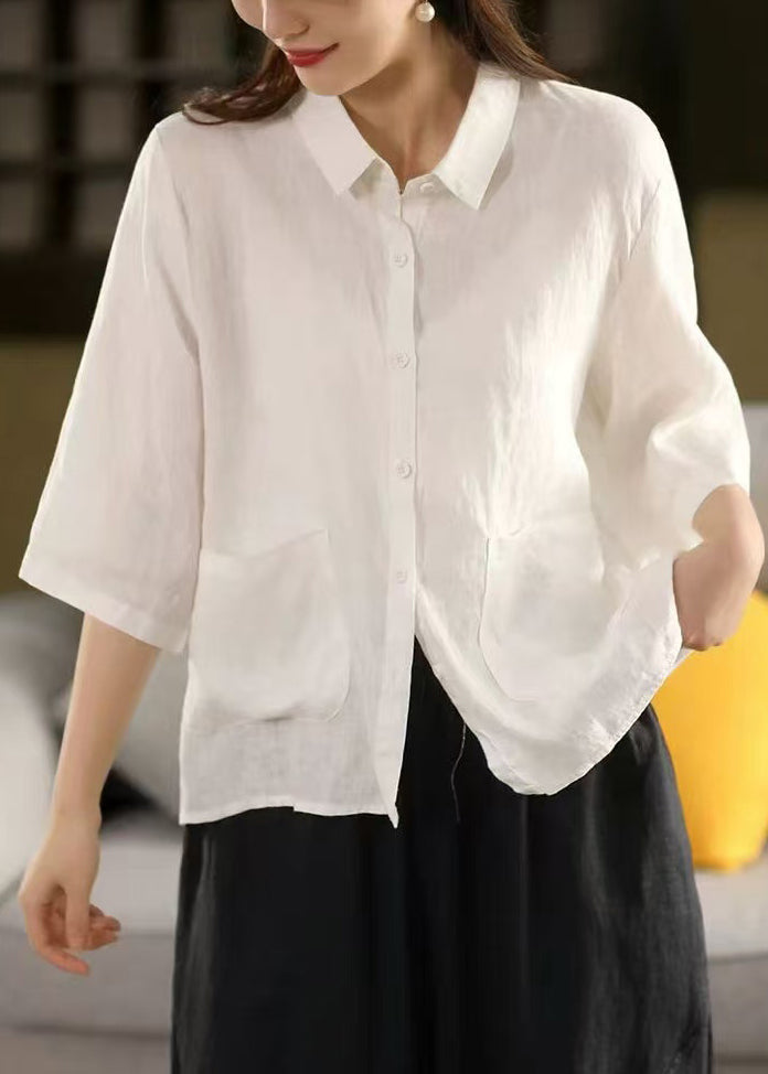 Yellow Sleeve Blouse Pockets Bracelet Art Pan Linen Peter Collar FashionChic