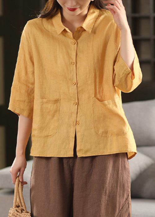 Yellow Sleeve Blouse Pockets Bracelet Art Pan Linen Peter Collar FashionChic