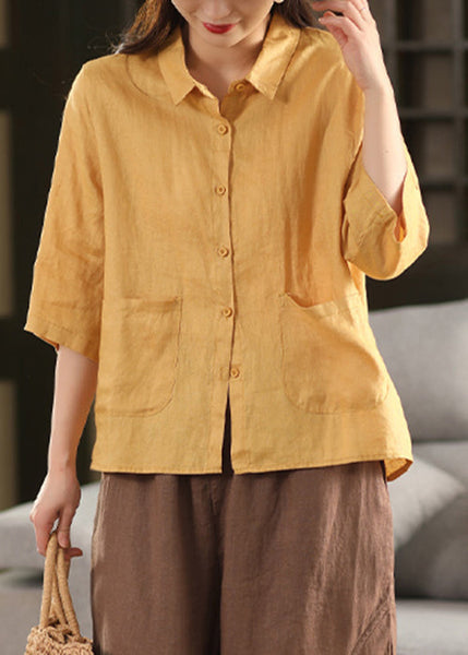 Yellow Sleeve Blouse Pockets Bracelet Art Pan Linen Peter Collar FashionChic