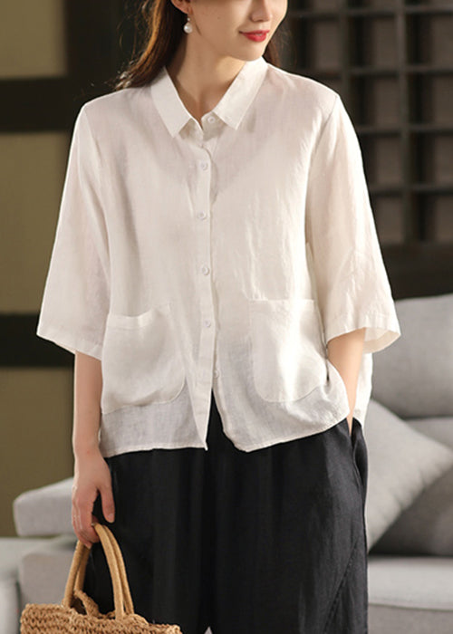 Yellow Sleeve Blouse Pockets Bracelet Art Pan Linen Peter Collar FashionChic