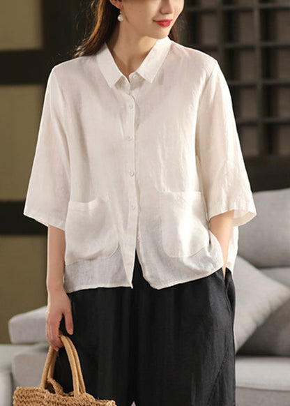 Yellow Sleeve Blouse Pockets Bracelet Art Pan Linen Peter Collar FashionChic