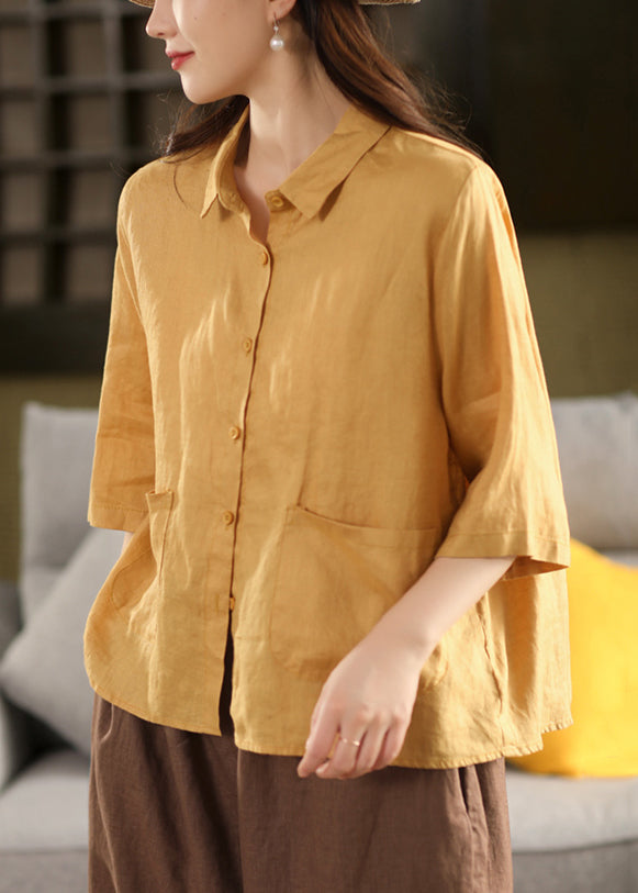 Yellow Sleeve Blouse Pockets Bracelet Art Pan Linen Peter Collar FashionChic