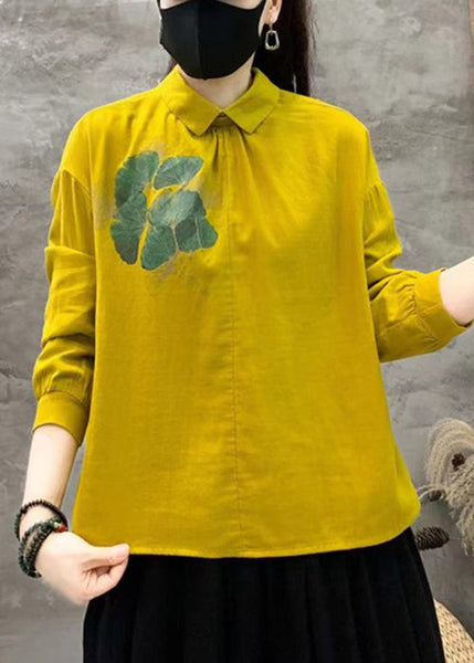 Art Yellow Peter Pan Collar Print Linen Blouses Fall RE017 MZF-LTP240807