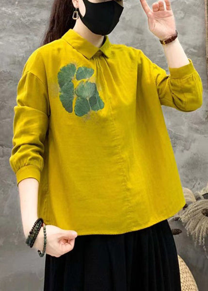 Art Yellow Peter Pan Collar Print Linen Blouses Fall RE017 MZF-LTP240807