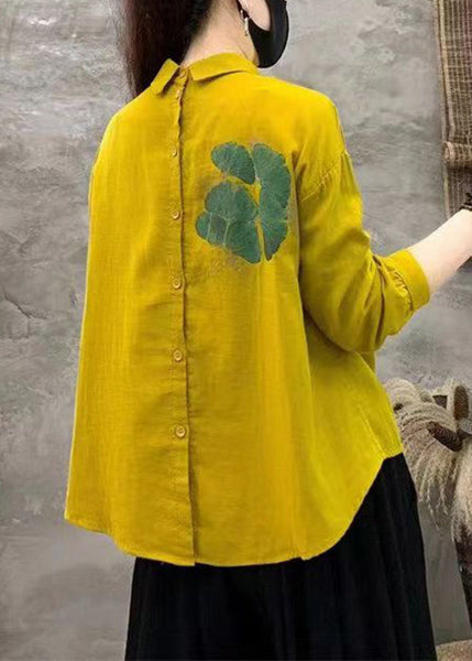 Art Yellow Peter Pan Collar Print Linen Blouses Fall RE017 MZF-LTP240807