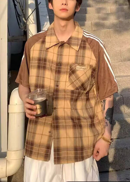 Shirt Mens Art Half Cotton Plaid Sleeve Yellow Patchwork FashionChic